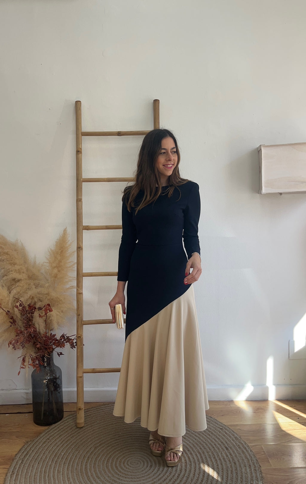 Vestido manga larga bicolor