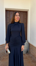 Vestido drapeado azul marino