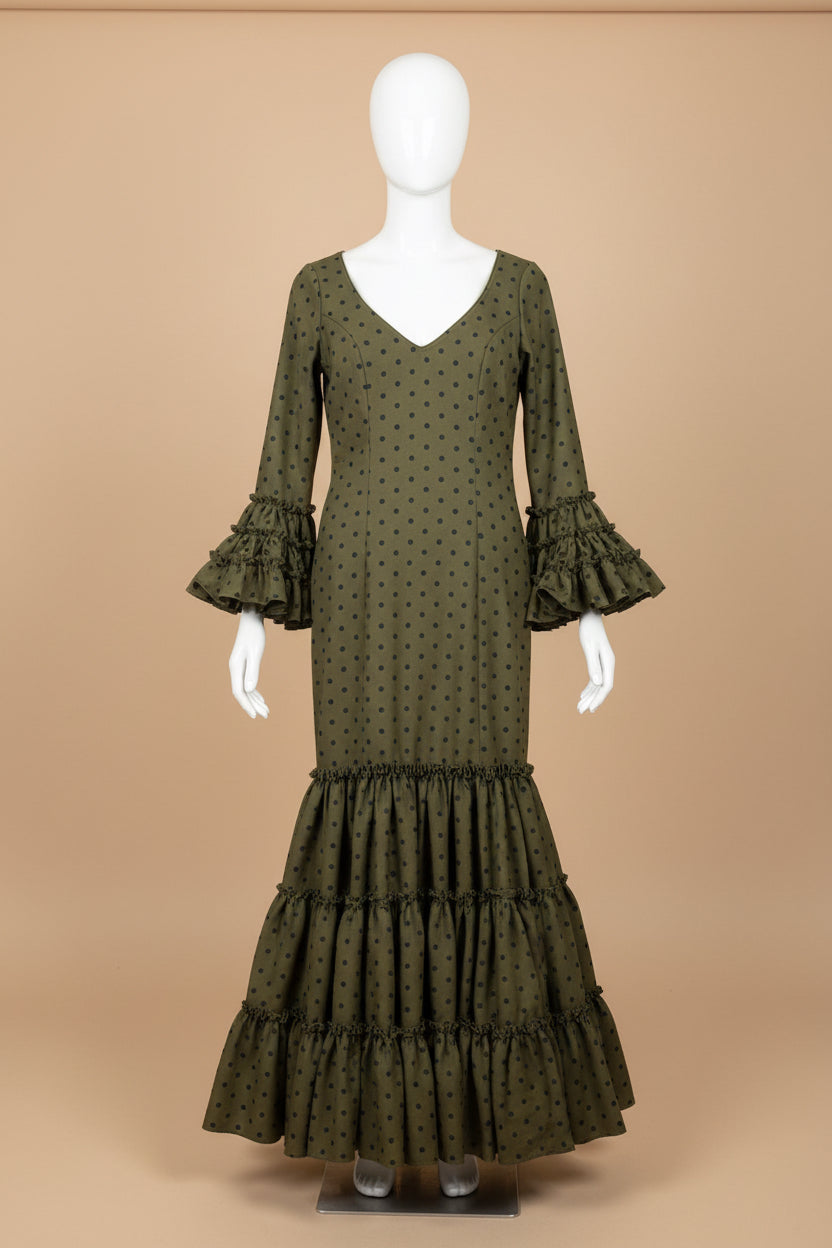 Vestido f Carmela verde cacería con lunares