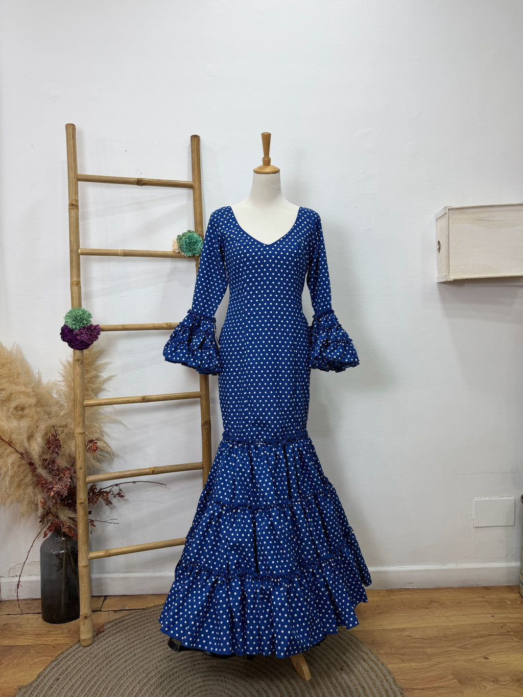 Vestido f carmela azul marino con lunares blancos