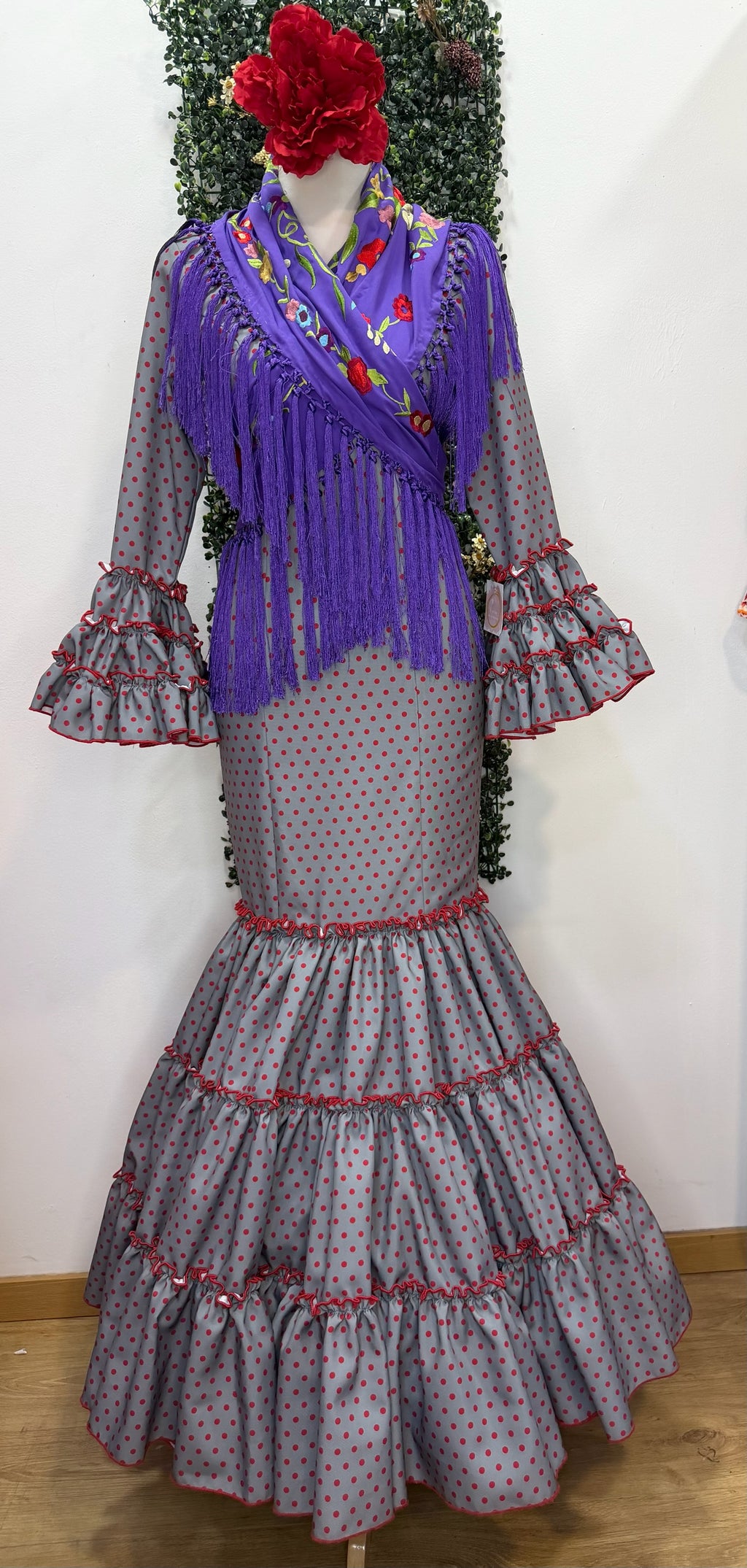 Vestido f carmela gris con lunares rojos