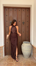 Vestido lentejuelas con tul marron