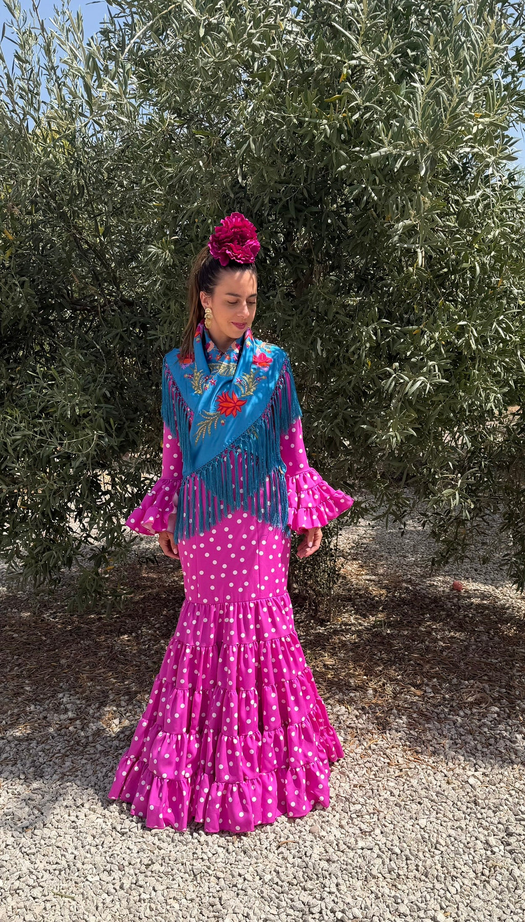 Vestido f Córdoba buganvilla lunares blancos