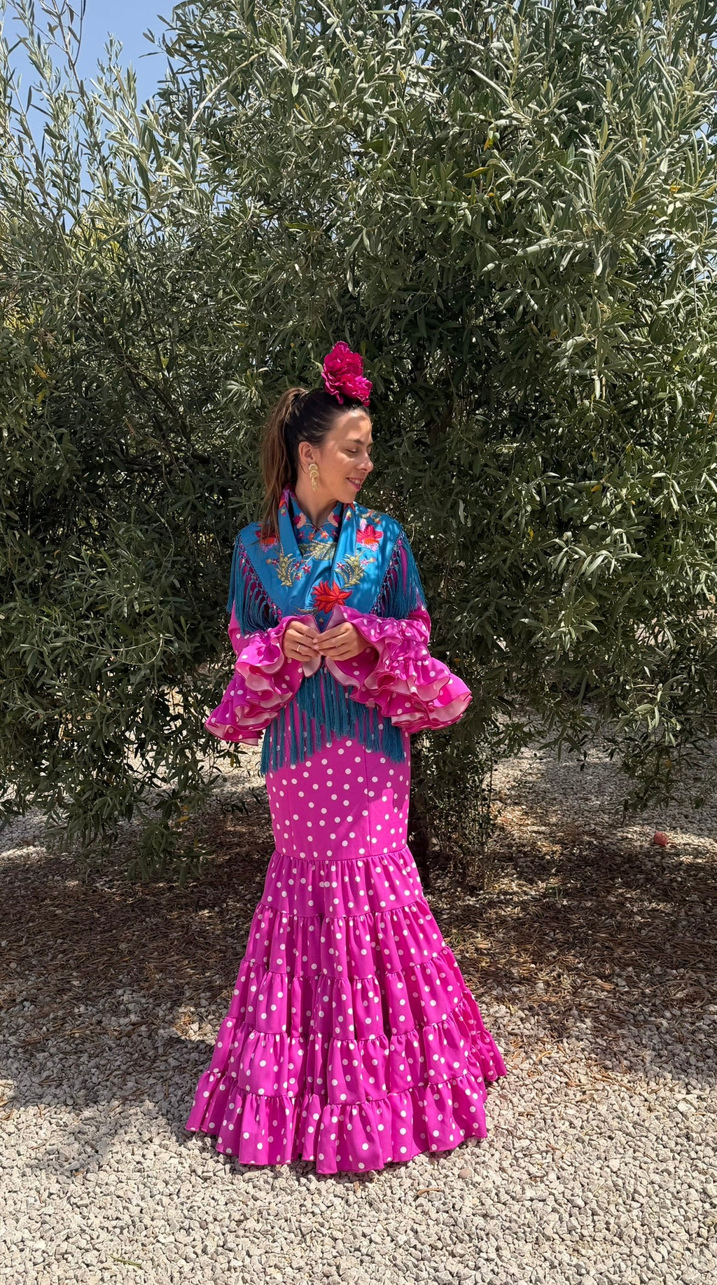Vestido f Córdoba buganvilla lunares blancos