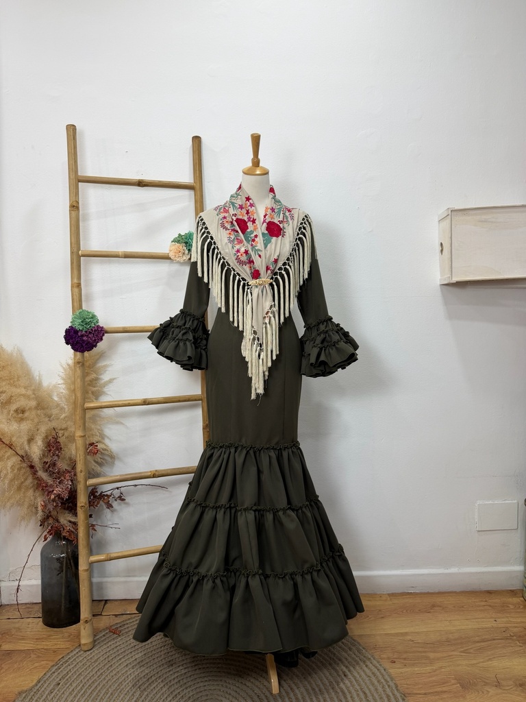 Vestido f Carmela liso verde cacería