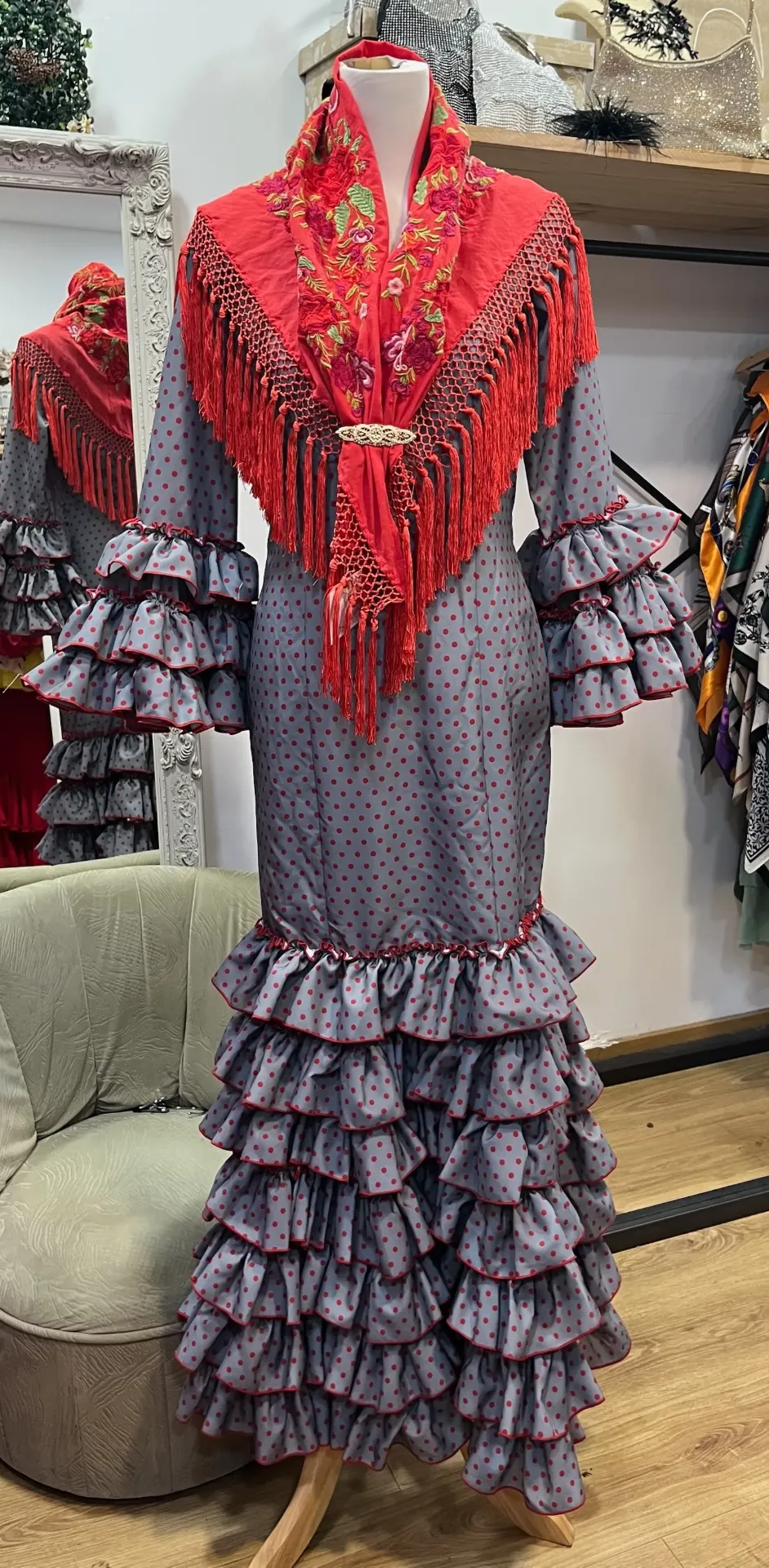 Vestido f sevilla gris/rojo