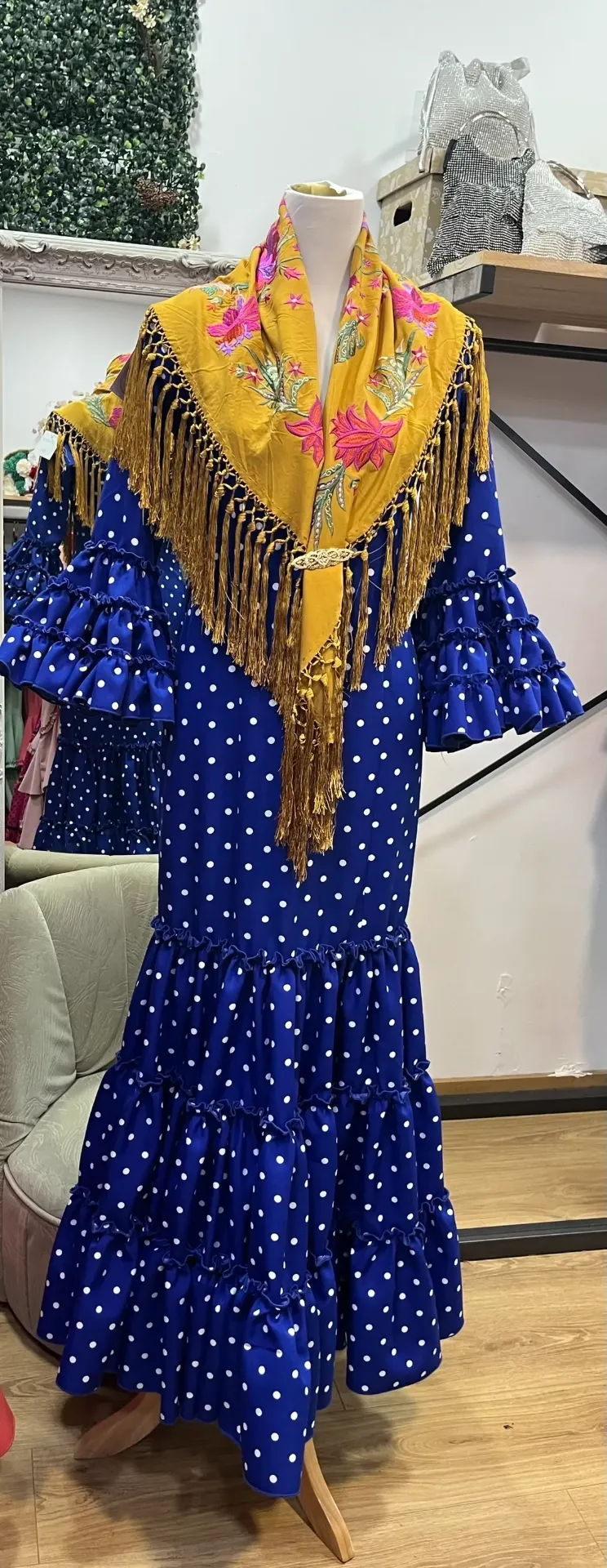 Vestido f carmela azul con lunares blancos